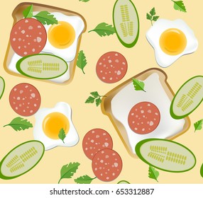 Seamless pattern with traditional Breakfast toast. Bread, cucumber, sausage, fried egg on a beige background. Vector illustration