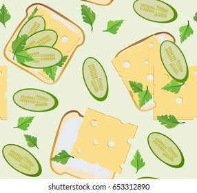 Seamless pattern with traditional Breakfast toast. Bread, pickles, cheese on a light background. Vector illustration