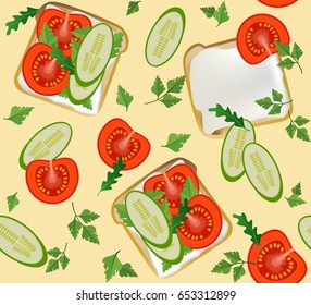 Seamless pattern with traditional Breakfast toast. Bread, cucumbers, tomatoes on a beige background. Vector illustration