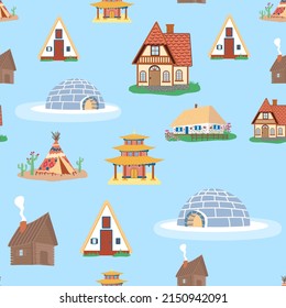 Seamless pattern with Traditional buildings of different countries set, houses from around the world. Background with residential houses or rustic cottages in the Scandinavian style. Flat