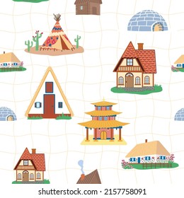 Seamless pattern with Traditional buildings of different countries set, houses from around the world. Background with residential houses or rustic cottages in the Scandinavian style. Flat