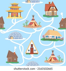 Seamless pattern with Traditional buildings of different countries set, houses from around the world. Background with residential houses or rustic cottages in the Scandinavian style. Flat