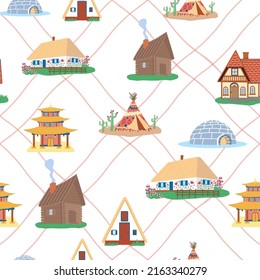 Seamless pattern with Traditional buildings of different countries set, houses from around the world. Background with residential houses or rustic cottages in the Scandinavian style. Flat