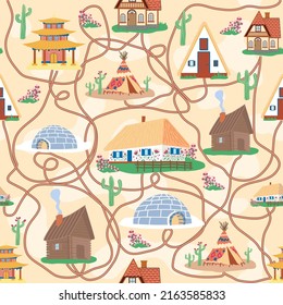 Seamless pattern with Traditional buildings of different countries set, houses from around the world. Background with residential houses or rustic cottages in the Scandinavian style. Flat