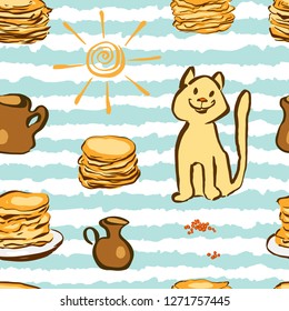 Seamless pattern with traditional carnival symbols - pancakes, caviar, sun, cat. Vector illustration