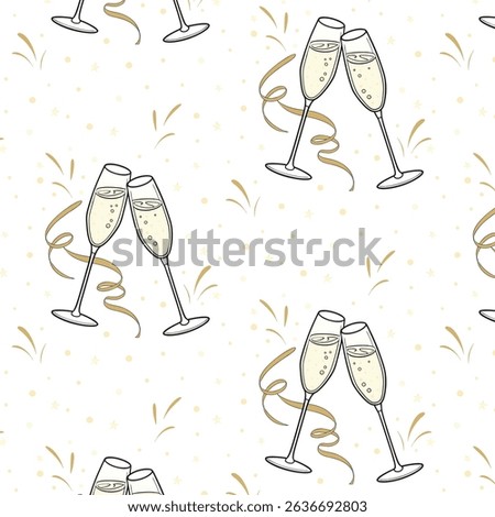 Seamless pattern from Traditional champagne flutes with ribbon and splashes on white background. Great for wrapping paper, wallpaper, and celebration-themed materials.