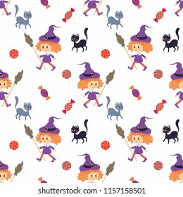 Seamless pattern with traditional characters of Halloween. Vector background in cartoon style.