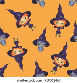 Seamless pattern with traditional characters of Halloween. Vector background in cartoon style.