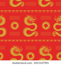 Seamless pattern with traditional Chinese dragon and lucky coins. Red background. Square composition. Perfect for celebrating Chinese new year wallpaper. Decoration for textile and print.