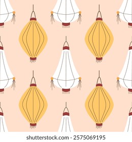 Seamless pattern of traditional Chinese lantern in yellow and white on a soft peach background, perfect for festive and cultural themed design in flat style.