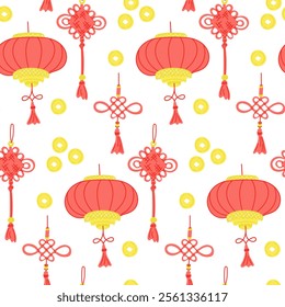 Seamless pattern with traditional Chinese lanterns, knots, and golden coins isolated on white background, symbolizing luck and prosperity. Vector hand drawn illustration for wrapping and textile