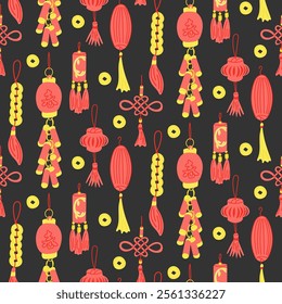 Seamless pattern with traditional Chinese lanterns, knots, and coins in red and gold on dark background, symbolizing prosperity and celebration. Vector hand drawn illustration for wrapping and textile