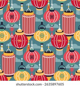 Seamless pattern with traditional Chinese lanterns. Abstract wallpaper print, graphic surface design with ornate composition of decorative red paper lanterns on sky background. Vector illustration.