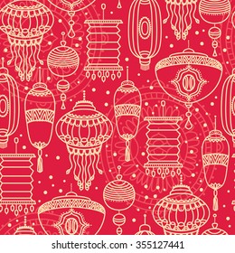 Seamless pattern with traditional chinese lanterns, can be used for chinese new year or mid autumn festival, vector illustration