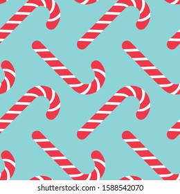 Seamless Pattern with traditional Christmas candy cane on cyan background, top view. Flat minimal vector illustration.