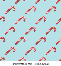 Seamless Pattern with traditional Christmas candy cane on cyan background, top view. Flat minimal vector illustration.
