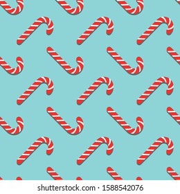 Seamless Pattern with traditional Christmas candy cane on cyan background, top view. Flat minimal vector illustration.