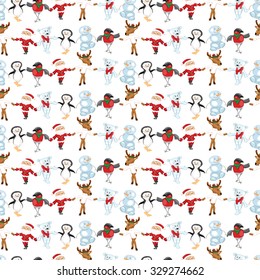 Seamless pattern with traditional Christmas characters. White background.
