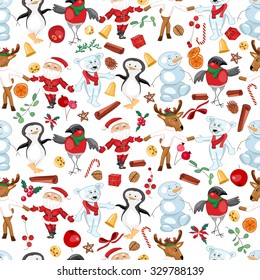 Nahtloses Muster mit traditionellen Weihnachtsfiguren. Weißer Hintergrund.