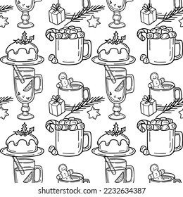 Seamless pattern with traditional Christmas cocoa with Gingerbread with glass of mulled wine Illustration in doodle style on a white background