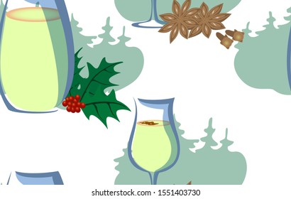 Seamless pattern with traditional Christmas eggnog drink, cinnamon flowers and mistletoe branch on the background of fir trees. EPS10 vector illustration.