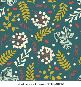 Seamless pattern with traditional Christmas elements: pine, berries, leaves