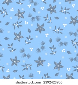 Seamless pattern with traditional Christmas foliage. Seamless design with berries, pine branches, holly leaves and snowflakes on blue background