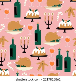 Seamless pattern with traditional Christmas food on pink background. Vector illustration