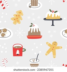 Seamless pattern with traditional Christmas food and drinks. Vector illustration