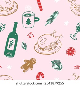 Seamless pattern with traditional Christmas food. Vector illustration