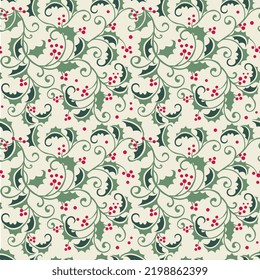 Seamless pattern of Traditional Christmas Holly leaves with Red berries-Christmas Vector Design