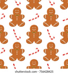 Seamless pattern with traditional Christmas homemade gingerbread man cookies and candy on white background. Vector food concept for banner, poster, wallpaper, backdrop, clothes print, wrapping paper