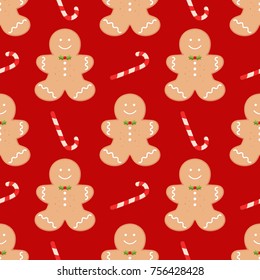 Seamless pattern with traditional Christmas homemade gingerbread man cookies and candy on red background. Vector food concept for banner, poster, wallpaper, backdrop, clothes print, wrapping paper