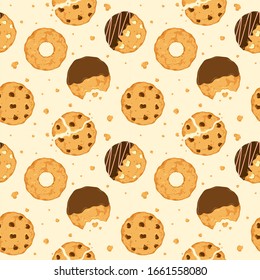 Seamless pattern with Traditional cookies with chocolate crisps. Vector pattern.