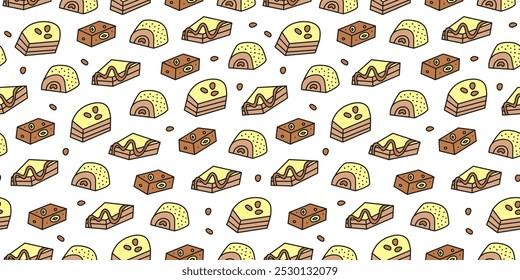 Seamless pattern with traditional doodle Turkish sweets and desserts with honey, nuts including baklava, cezerye, nougat, delights.