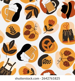 padrão sem costura elementos tradicionais canecas de cerveja pretzels lederhosen lúpulo flores em fundo branco para alemão oktoberfest celebrações web design cartaz