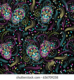 Seamless pattern, traditional elements. Colorful skulls with flowers and feathers