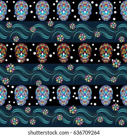 Seamless pattern, traditional elements. Colorful skulls with flowers and feathers