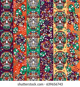 Seamless pattern, traditional elements. Colorful skulls with flowers and leaves. Boho strip