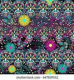 Seamless pattern, traditional elements. Colorful skulls with flowers and Butterflies