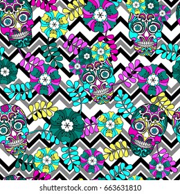 Seamless pattern, traditional elements. Colorful skulls with flowers and leaves