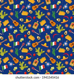 Seamless pattern with traditional elements for the holiday Cinco de mayo. Design for fabric, textile, wallpaper, packaging.	