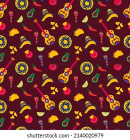 Seamless pattern with traditional elements for the holiday Cinco de mayo. Design for fabric, textile, wallpaper, packaging.	