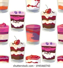 Seamless pattern with traditional English dessert trifle. Endless texture with sweet cake, fruits and cream in glass. Illustration can be used for restaurant and cafe menu and food projects.