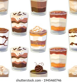 Seamless pattern with traditional English dessert trifle. Endless texture with sweet cake,  chocolate and  caramel in glass. Illustration can be used for restaurant and cafe menu and food projects.