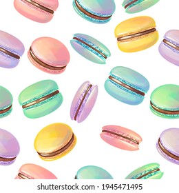 Seamless pattern with traditional French desserts macaroon. Endless texture with many-colored sweet desserts. Illustration can be used for restaurant and cafe menu and food projects.