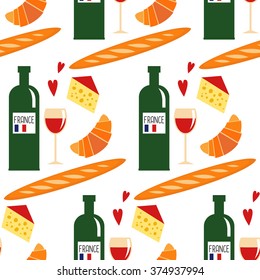 Seamless pattern with traditional french food:  croissant, cheese, baguette, red wine. Cute french kitchen background.
