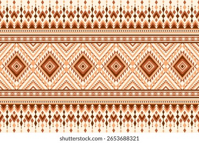 Seamless pattern with a traditional geometric tribal design Features repeating diamond and zigzag motifs in earthy brown orange and cream colors on a light background