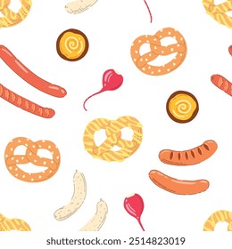 Seamless pattern with traditional German food, pretzel, sausages, radish, mustard on simple background. Hand drawn trendy flat vector illustrations for bar menu, beer festival, cuisine concept.