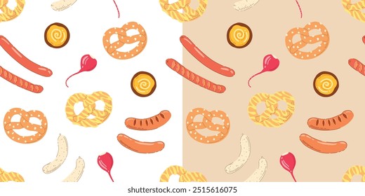 Seamless pattern with traditional German food, pretzel, sausages, radish, mustrard on simple background. Hand drawn trendy flat vector illustrations for bar menu, beer festival, cuisine concept.